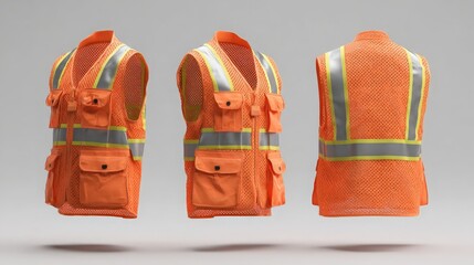 orange high-visibility safety vest mockup with reflective tape, front, side and back views on grey background

