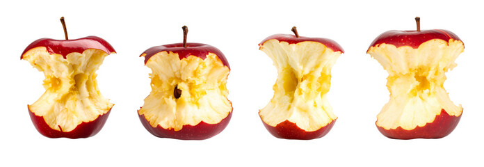 Collection of Partially eaten red apple core lying on clear surface, representing mindful consumption and nutritional awareness