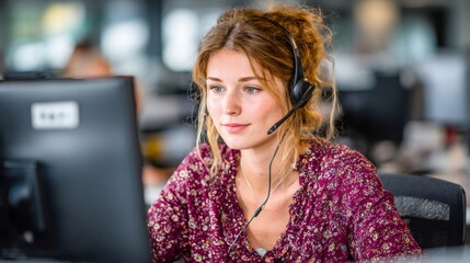 Young woman working as customer service representative assisting clients online using headset and computer