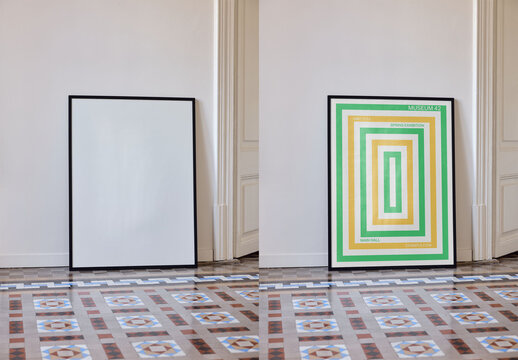 Mockup Of Vertical Customized Framed Poster On Floor Tiles