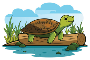 A turtle taking a break on a log in a tranquil pond clean Vector illustration,all shape outline bold black colors white background eps
