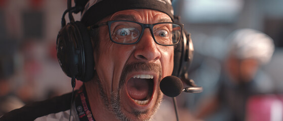 A man with glasses and a headset yelling with his mouth open wide in a close up shot