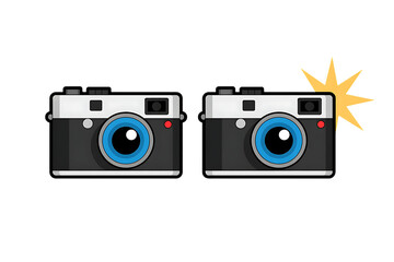 Two vintage cameras with blue lenses and a flash isolated on transparent background