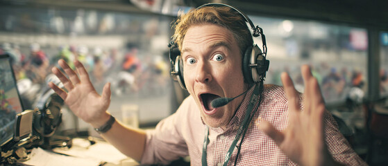 Man in headset with surprised expression and raised hands in broadcasting booth