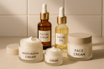 Facial serum, oil, moisturizing and face creams displayed on bathroom counter