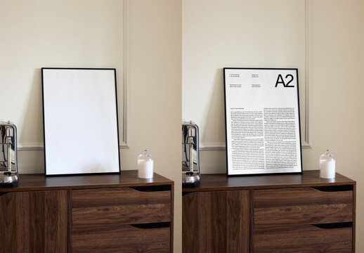 Mockup Of Vertical A2 Customizable Framed Poster On Sideboard