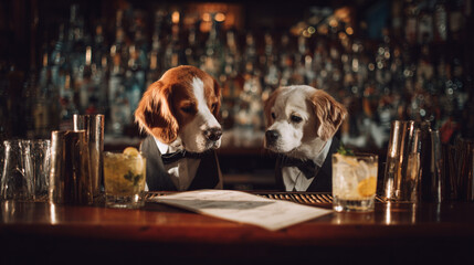 Two dogs in tuxedos stand behind a bar with cocktails and bar equipment visible