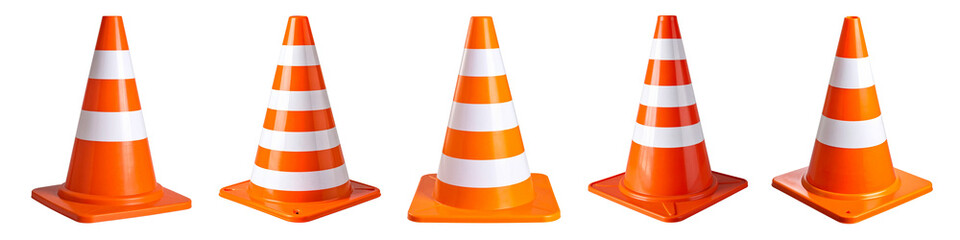 Collection of Studio shot of an orange and white traffic cone on a transparent background, ideal for easy integration into any project