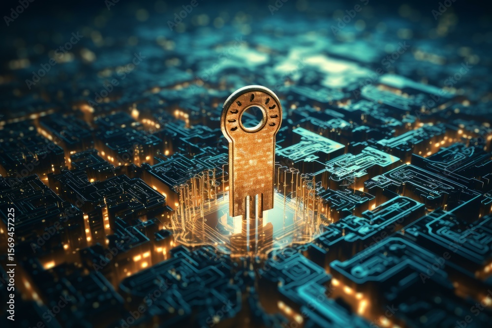 Poster golden key standing on a microchip, symbolizing cybersecurity and data protection in a futuristic te