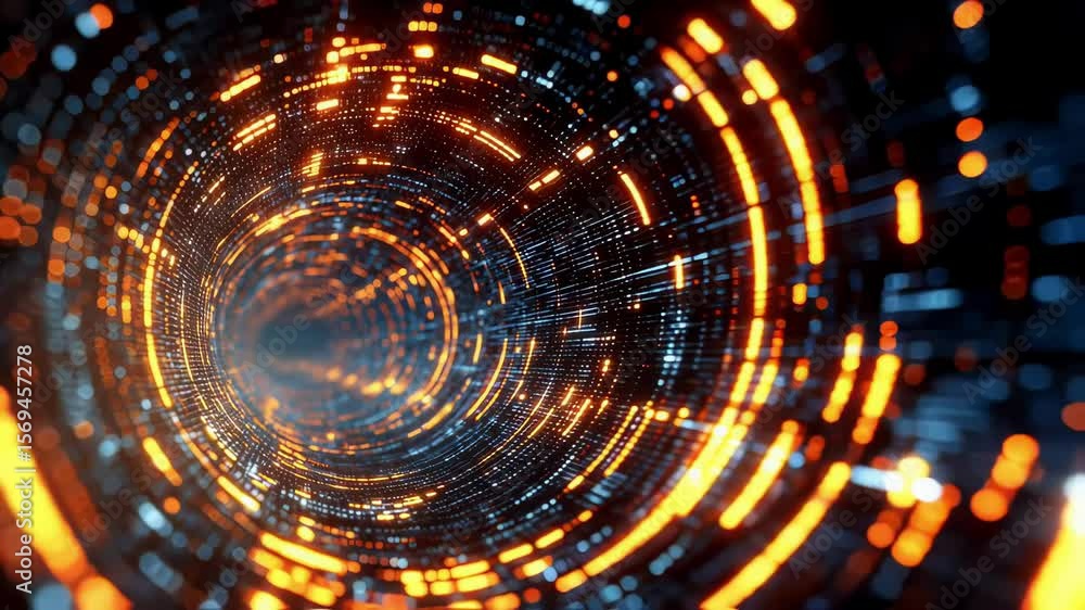 Poster rotating orange and blue digital tunnel with flowing data creates a futuristic technology background