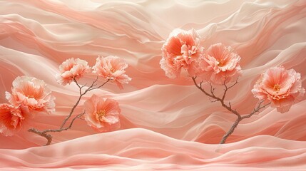 Delicate Flower and Branch Against Soft Silky Cloth Background