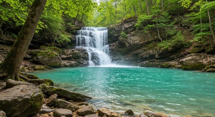Naklejka premium Serene Waterfall in Lush Green Forest