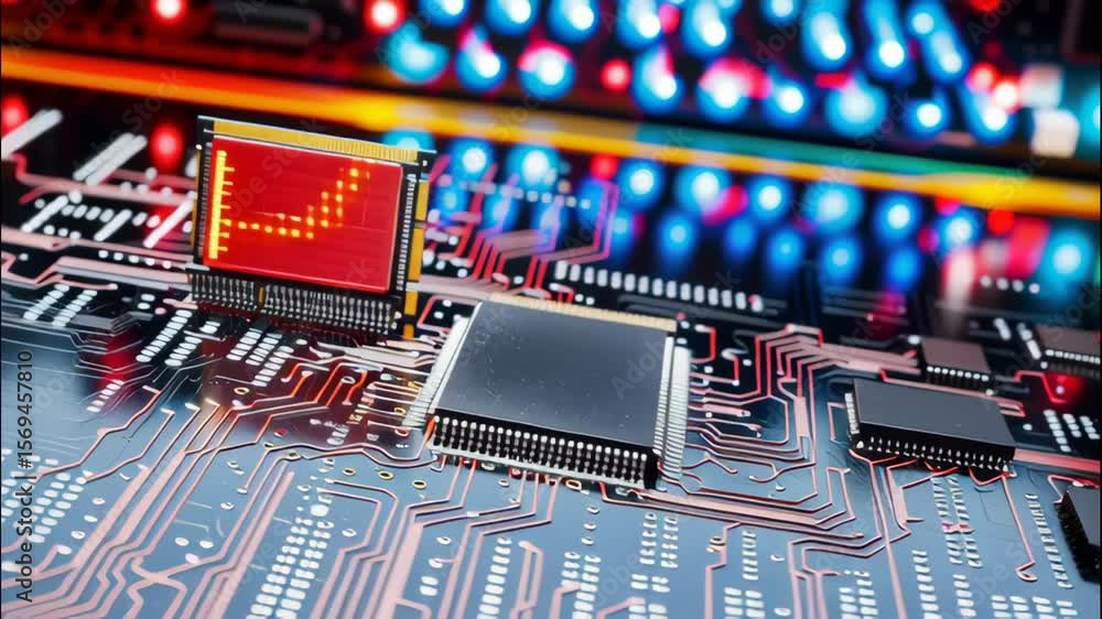 Poster close-up view of microchips on circuit board with colorful led background