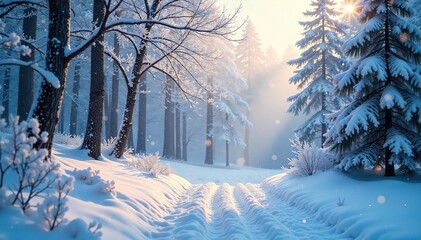 Magical Winter Forest Frosted Trees and Glistening Snowdrifts in an Ethereal Setting, Perfect for Holiday and Fantasy Projects