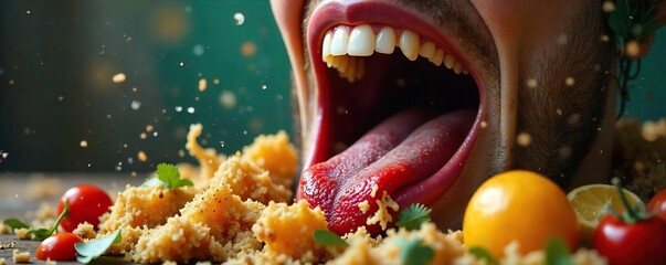 Overflowing Plate A Visual Representation of Insatiable Hunger and Greed, Close-up of a Gaping Maw Filled with Various Foods, Conveying Excess, Uncontrolled Appetite, and Food Waste