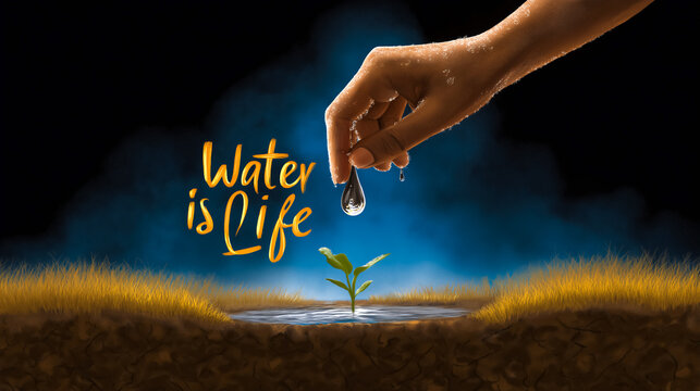 Hand gently dropping water onto young plant sprouting from soil. Dark background highlights focus on growth. Concept of environmental awareness, sustainability, agriculture