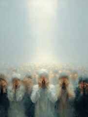 abstract crowd silhouettes in fog atmospheric misty moody contemporary art painting