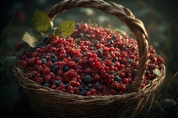 Wicker basket overflows with vibrant red currants and ripe blueberries amidst verdant foliage in a sun-kissed summer garden scene capturing the essence of fresh, natural abundance .