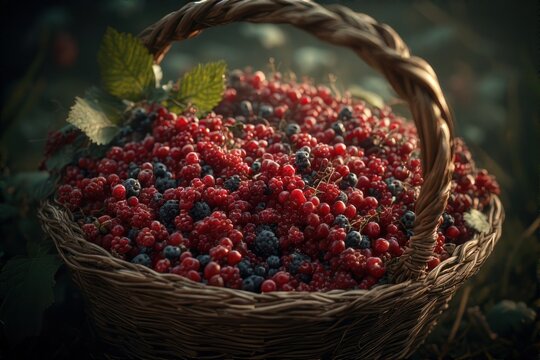 Wicker basket overflows with vibrant red currants and ripe blueberries amidst verdant foliage in a sun-kissed summer garden scene capturing the essence of fresh, natural abundance .