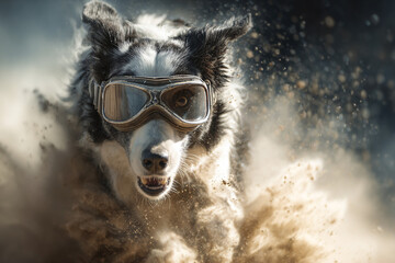 Close up of a dog wearing goggles running through dust with a determined expression