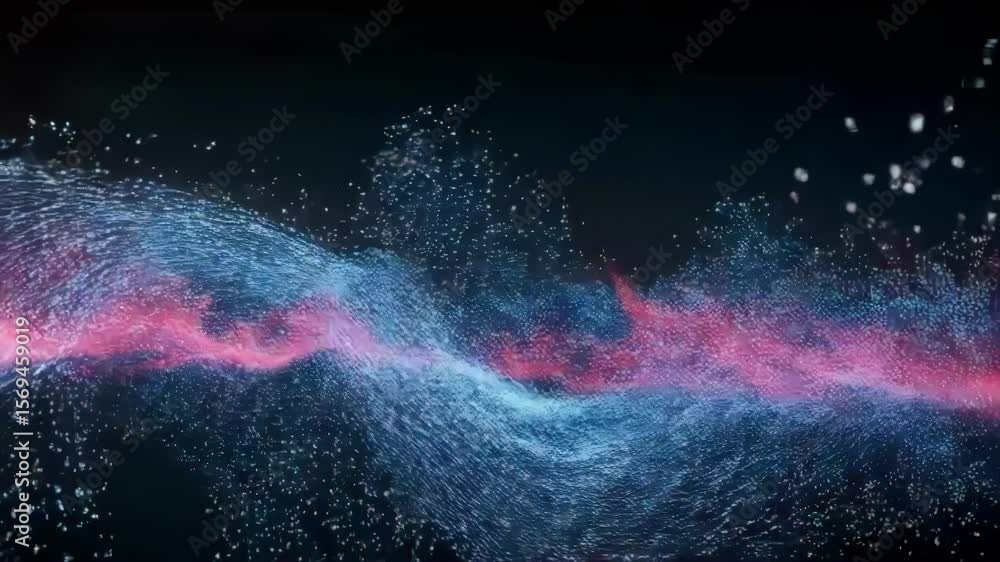 Poster a dynamic abstract background shows red and blue particle waves, representing energy and digital tec