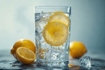 Refreshing lemonade with sparkling water, ice and lemon slices in a glass near whole and sliced lemons on the table is perfect for a hot day .
