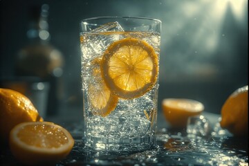 Refreshing lemonade with ice cubes and lemon slices in a glass on a dark table with whole and halved lemons around it creates a summery and thirst-quenching drink