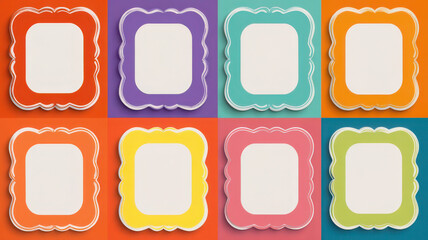 Eight colorful frames with white centers arranged in a square pattern view