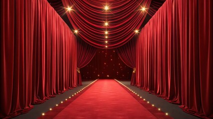 Elegant red carpet entrance with draped curtains and lights