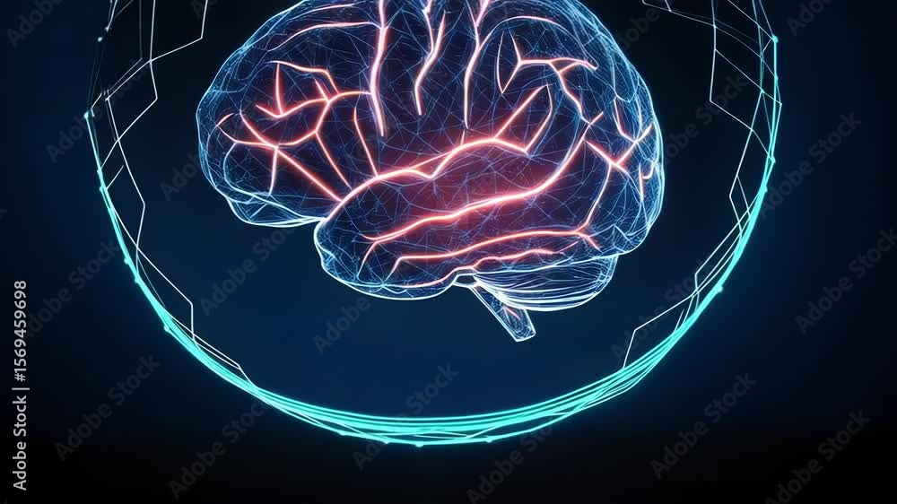 Poster a glowing digital brain is encased in a sphere, representing artificial intelligence and future tech