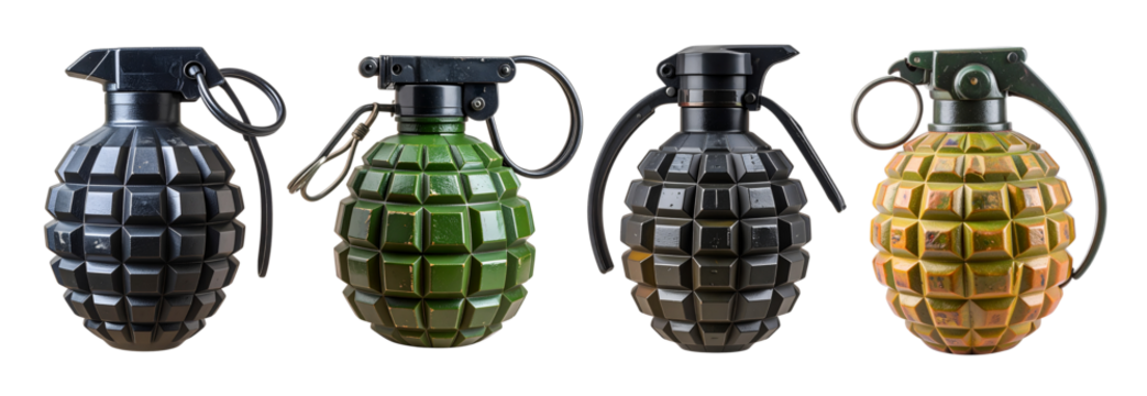 Collection of Photorealistic fragmentation grenade on a transparent background, showcasing its destructive potential
