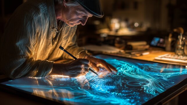 A digital artist sketching on a holographic canvas with glowing brush strokes