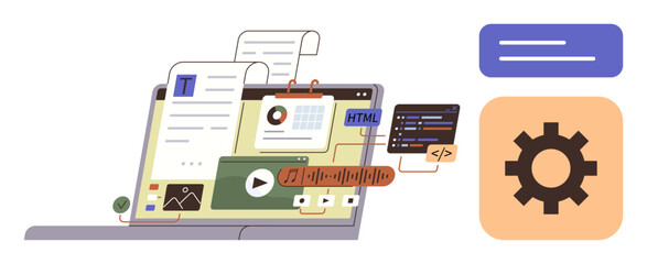 Laptop with content elements text, video, code, charts, and settings gear icon. Ideal for content creation, education, web development, media production technology data visualization simple flat