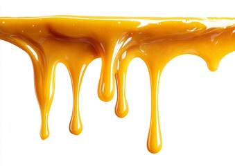 Golden Drip A Close-Up of Viscous Liquid Flowing Down, Caramel or Honey on a White Background