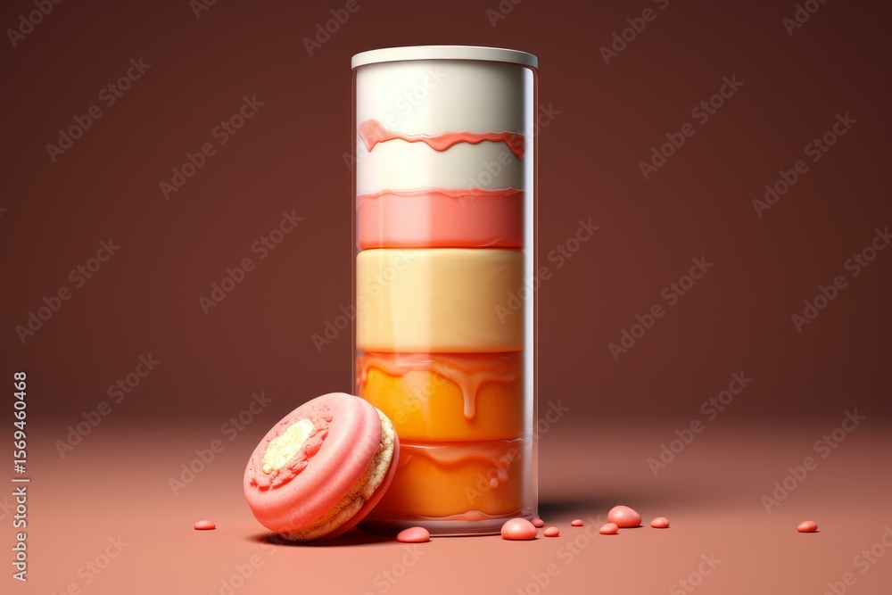 Poster delicious macaron cream layers dripping inside a transparent tube, creating a visually appealing des