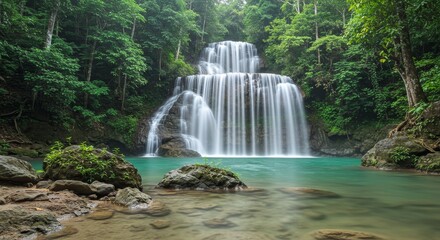 Obraz premium Serene Waterfall in Lush Tropical Rainforest
