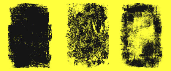 Linocut, relief printing, letterpress rectangle A4 shapes rough textures set, collection. Black linocutting textured backgrounds, text frames. Paint roller geometric stains, lino ink grungy remains