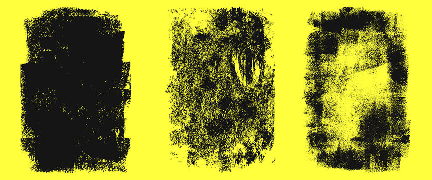 Linocut, relief printing, letterpress rectangle A4 shapes rough textures set, collection. Black linocutting textured backgrounds, text frames. Paint roller geometric stains, lino ink grungy remains