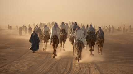 Traditional Camel Caravan Crossing the Desert at Buraidah Camel Festival in Saudi Arabia Dust Storm