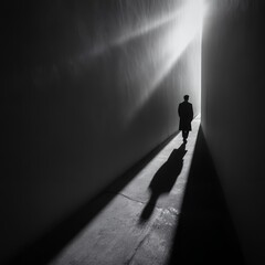 dramatic silhouette figure walking in light beam dark corridor dramatic shadow noir atmospheric