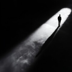 silhouette person standing in spotlight beam dramatic black and white minimalist contrast dark background
