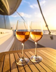 Two glasses of rosé sparkling wine on a yacht’s wooden table, glowing in sunset light over the ocean a perfect scene for a relaxed summer escape.