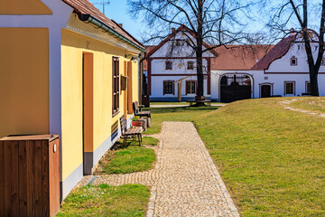 Charming village scene with traditional architecture and cobblestone path on a sunny day