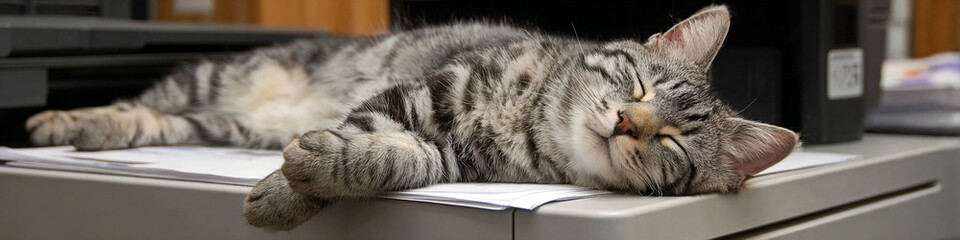 A tabby cat sleeping on top of a printer with papers in an office environment
