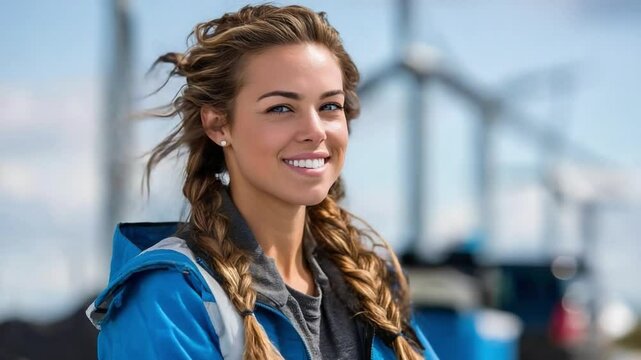 Confident Professional's Portrait: A captivating portrait of a radiant woman with braided hair and a confident smile, exuding a sense of capability against the backdrop of natural sky.