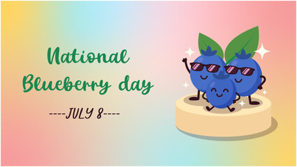 Cute National Blueberry Day Banner with Cartoon Berries on a Platform and Pastel Gradient Background