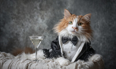 A cat in a tuxedo with a martini glass sitting on a white fluffy surface backdrop