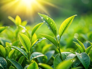 Obraz premium Fresh Tea Leaves with Water Droplets in the Morning Sunlight