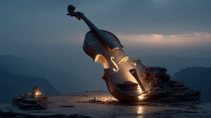 Fantasy art violin sculpture at twilight on a dramatic cliff