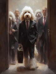 A group of dogs in suits walking through a doorway with a briefcase in hand
